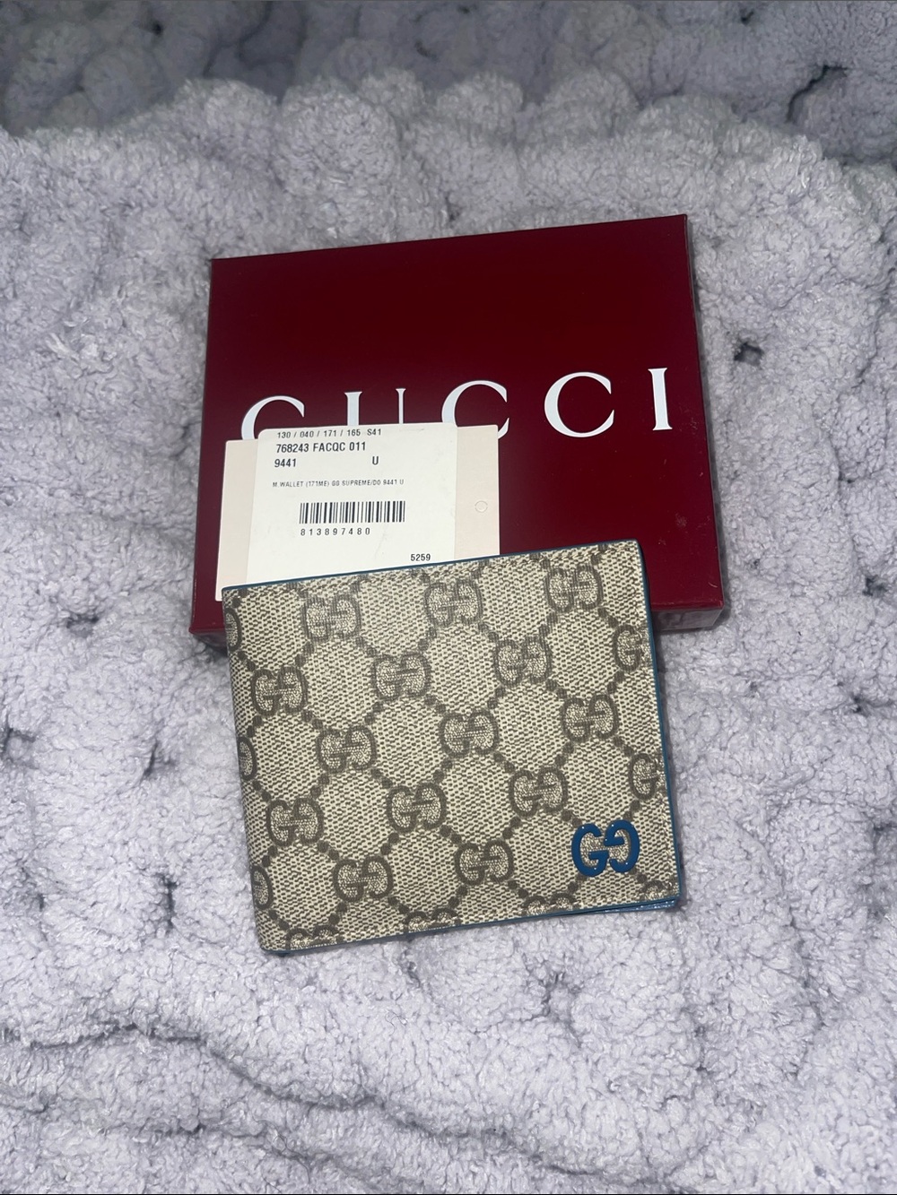 Gucci Beige GG Supreme Canvas Wallet with Blue Logo Accent